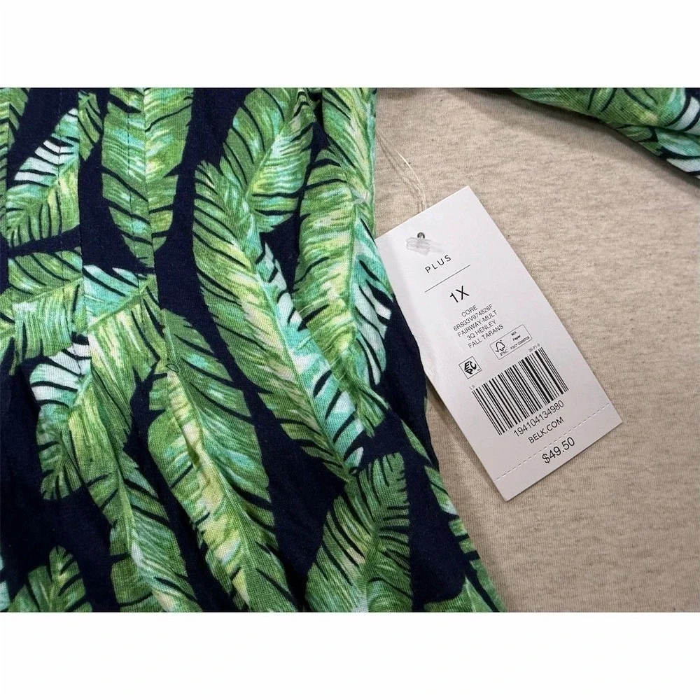 NWT Kim Rogers Tunic Blouse Womens Plus 1X Green Tropical Leaf 3/4 Sleeve - Picture 3 of 10
